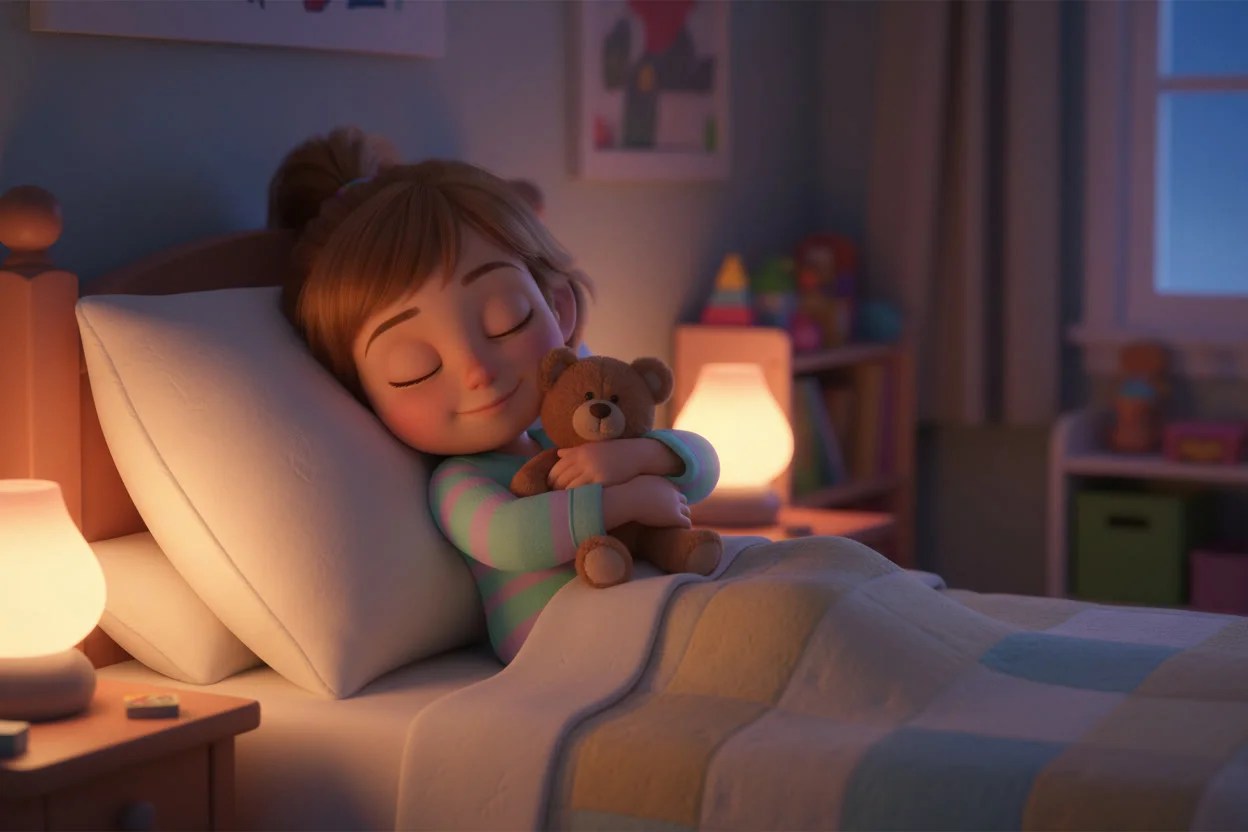 Arti sleeping in a softly lit bedroom